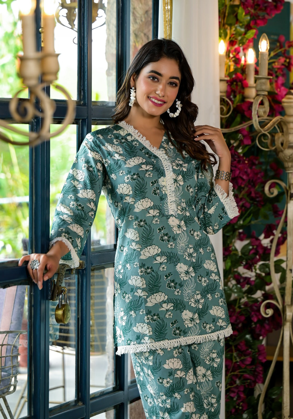 Persian Green & Off-White Floral Cotton Co-Ords