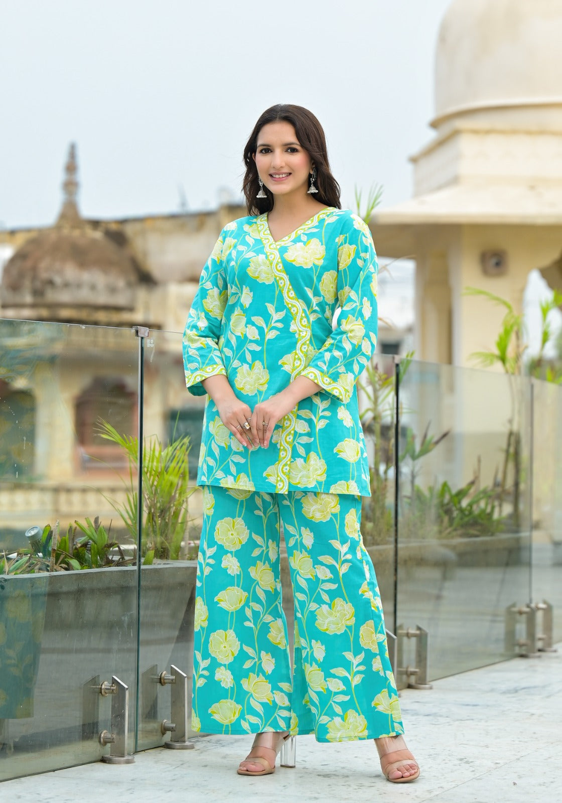 Cyan Blue & Light Yellow Floral Cotton Co-Ords