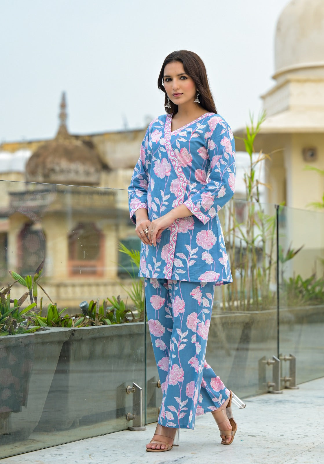 Egyptian Blue & Light Pink Floral Cotton Co-Ords