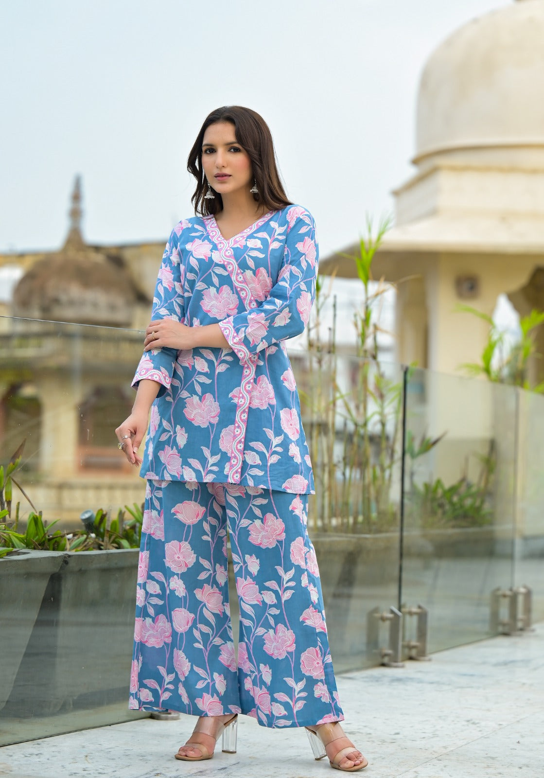 Egyptian Blue & Light Pink Floral Cotton Co-Ords