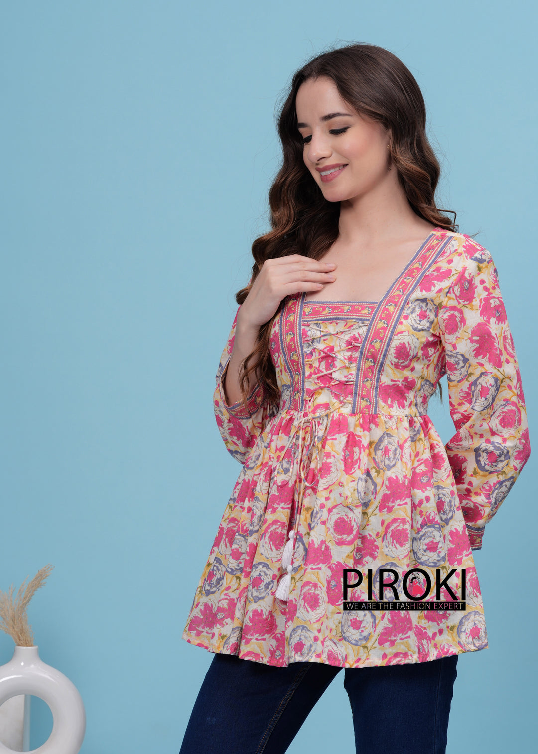 PINK Floral Print With Front Less Work Hip Length Office Wear PURE COTTON TOP