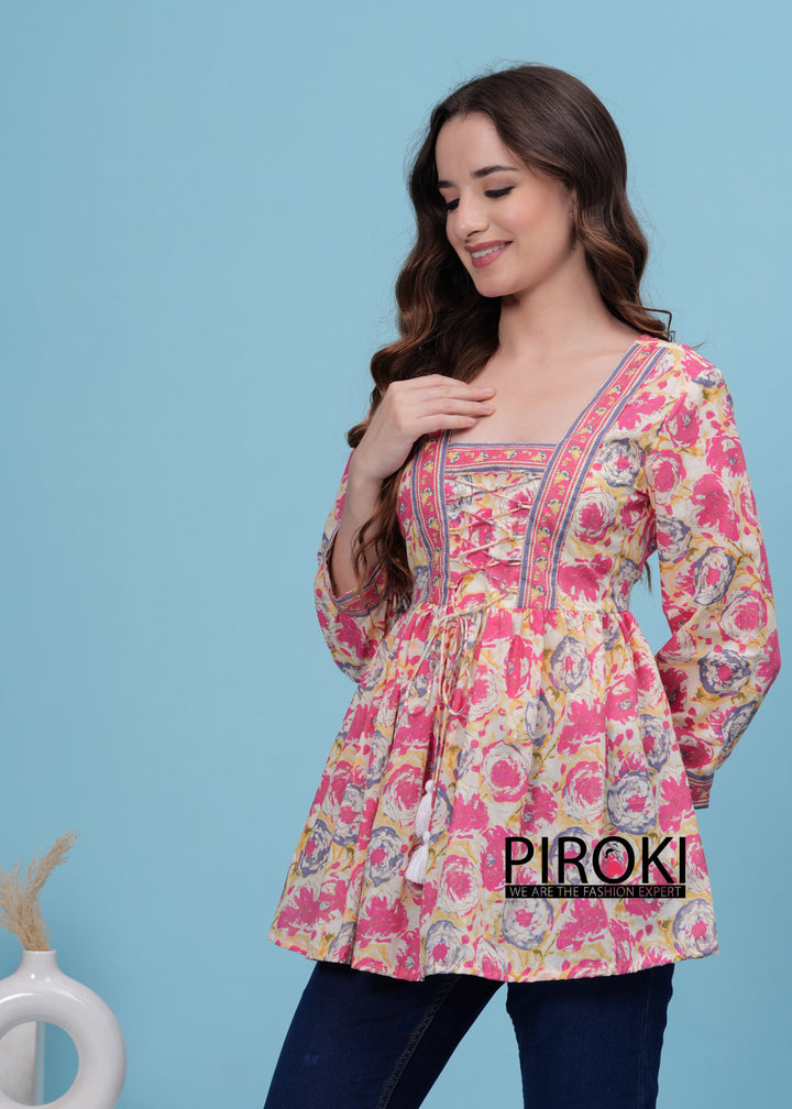 PINK Floral Print With Front Less Work Hip Length Office Wear PURE COTTON TOP