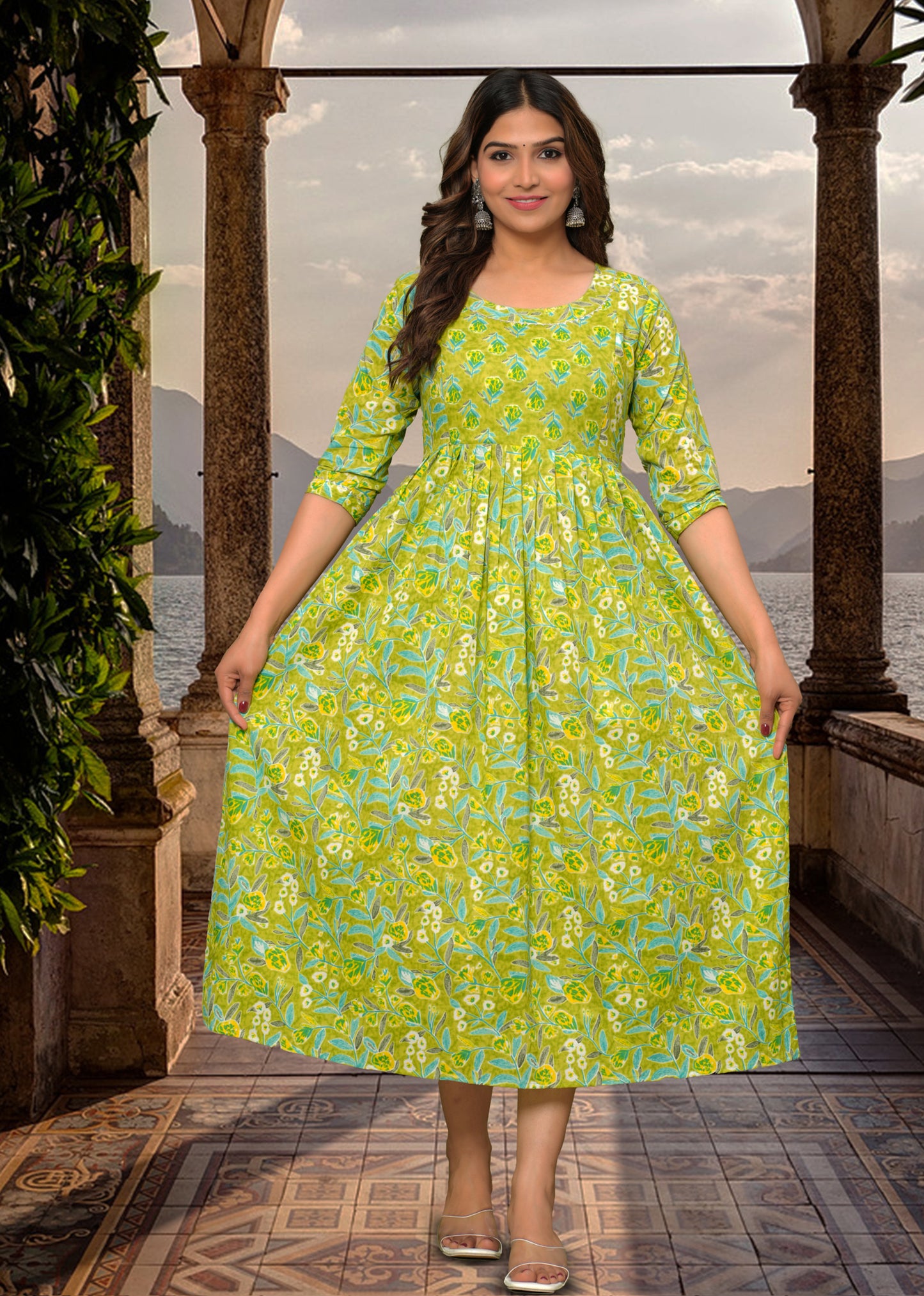 Spring Green Floral Cotton Maternity Dress