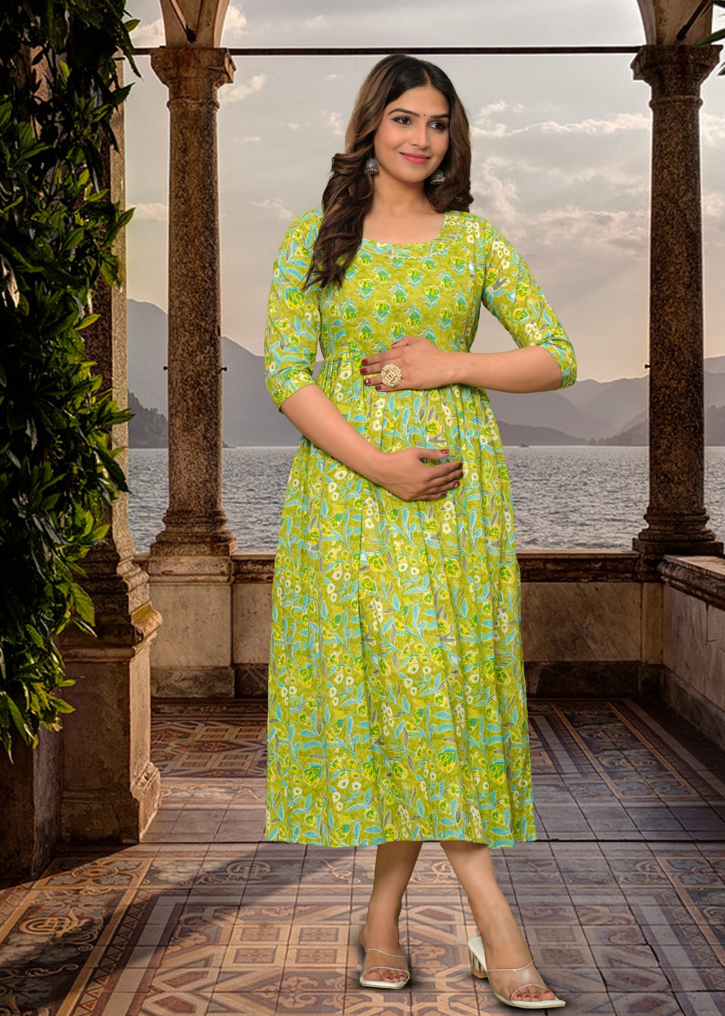 Spring Green Floral Cotton Maternity Dress